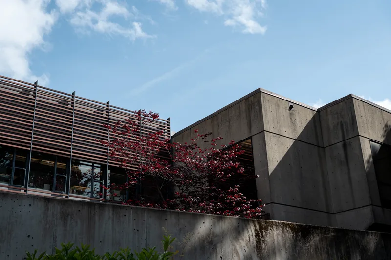 Angular concrete buildings beneath a blue sky.