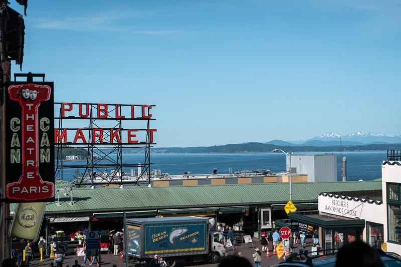 The Public Market sign above a waterfront view.