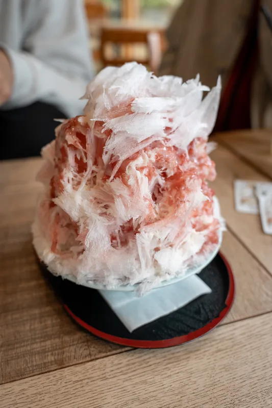 A bowl of shaved ice topped with syrup and cream.