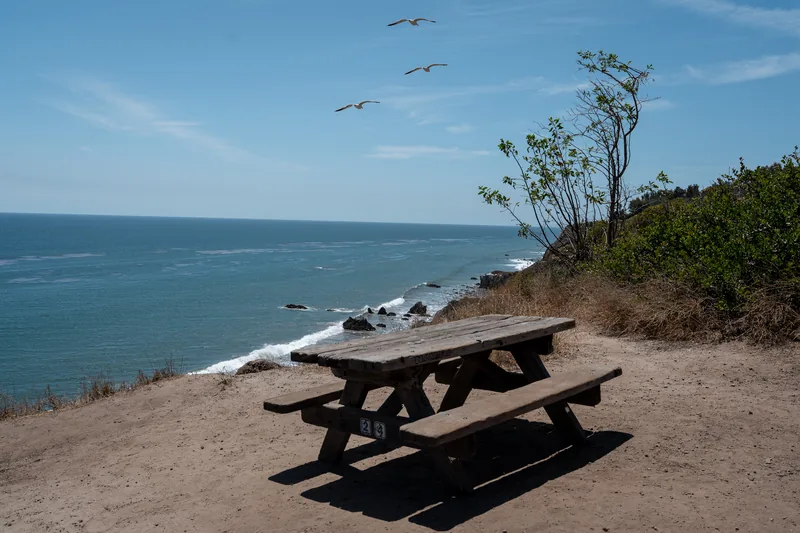 A picnic table overlooking a rocky coastline.