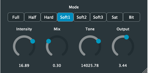 Ultimate Distortion plugin interface with eight mode buttons, Soft1 selected, and Intensity, Mix, Tone, and Output knobs.